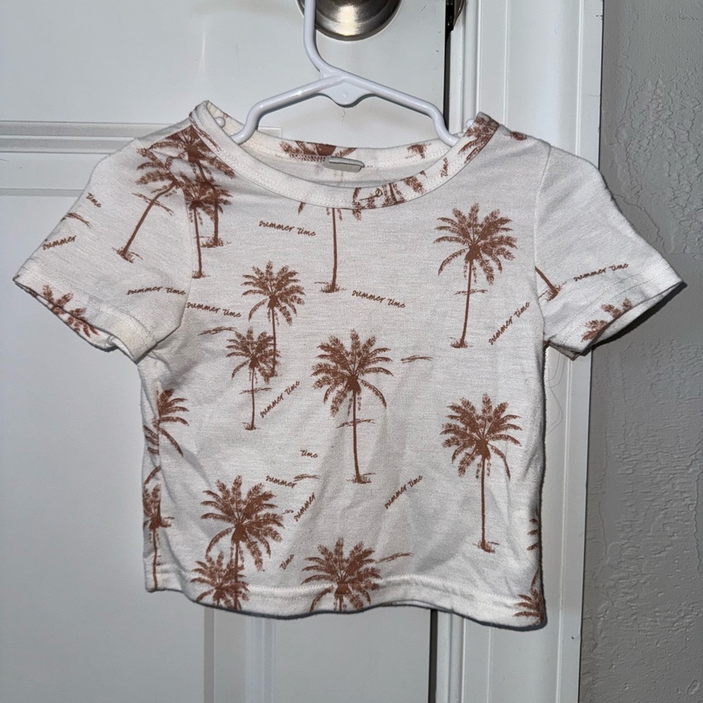 🌴 Cream Summer Time Baby Short Sleeve Brown Palm Tree Neutral Soft NWOT Top 9-12